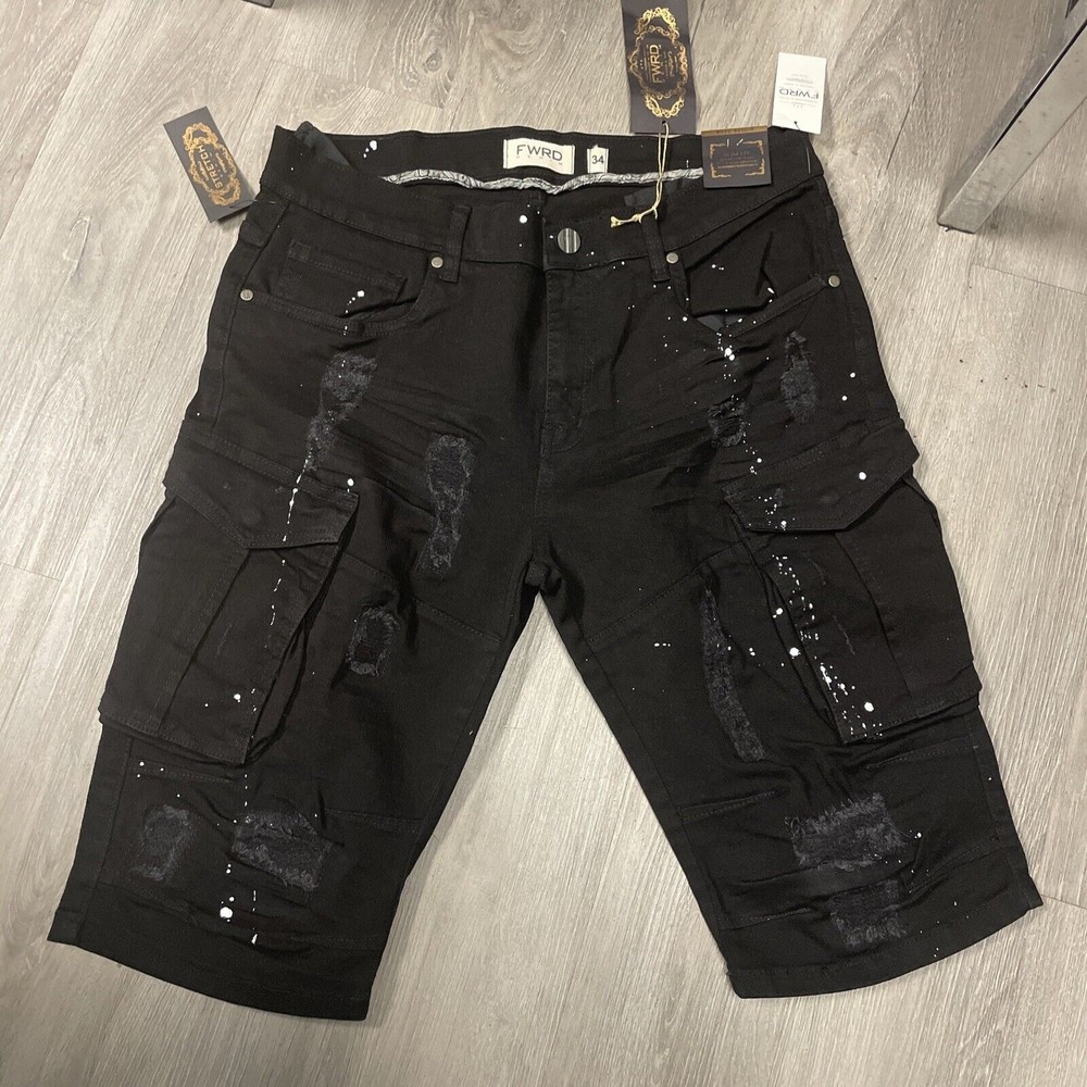 FWRD DENIM BLACK WHITE SPLATTER STRETCH DENIM SLIM FIT SHORTS SIZE 34 NEW